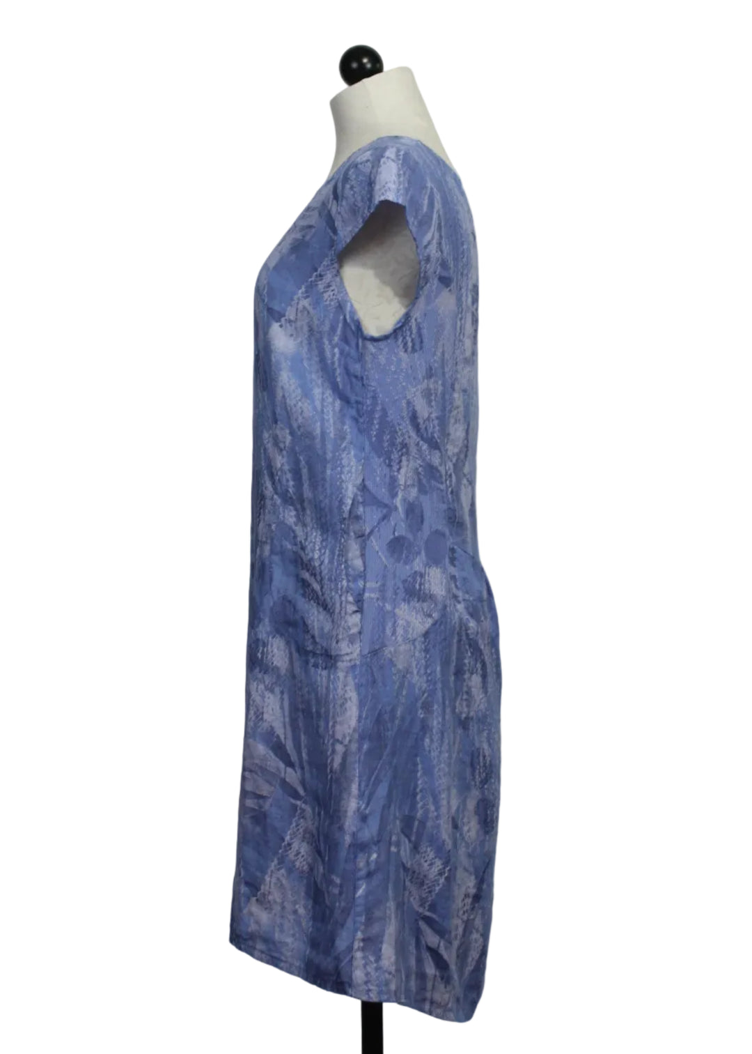 side view of Linen Leafy Print Cap Sleeve Dress with Ribbing and Pockets by Sorella