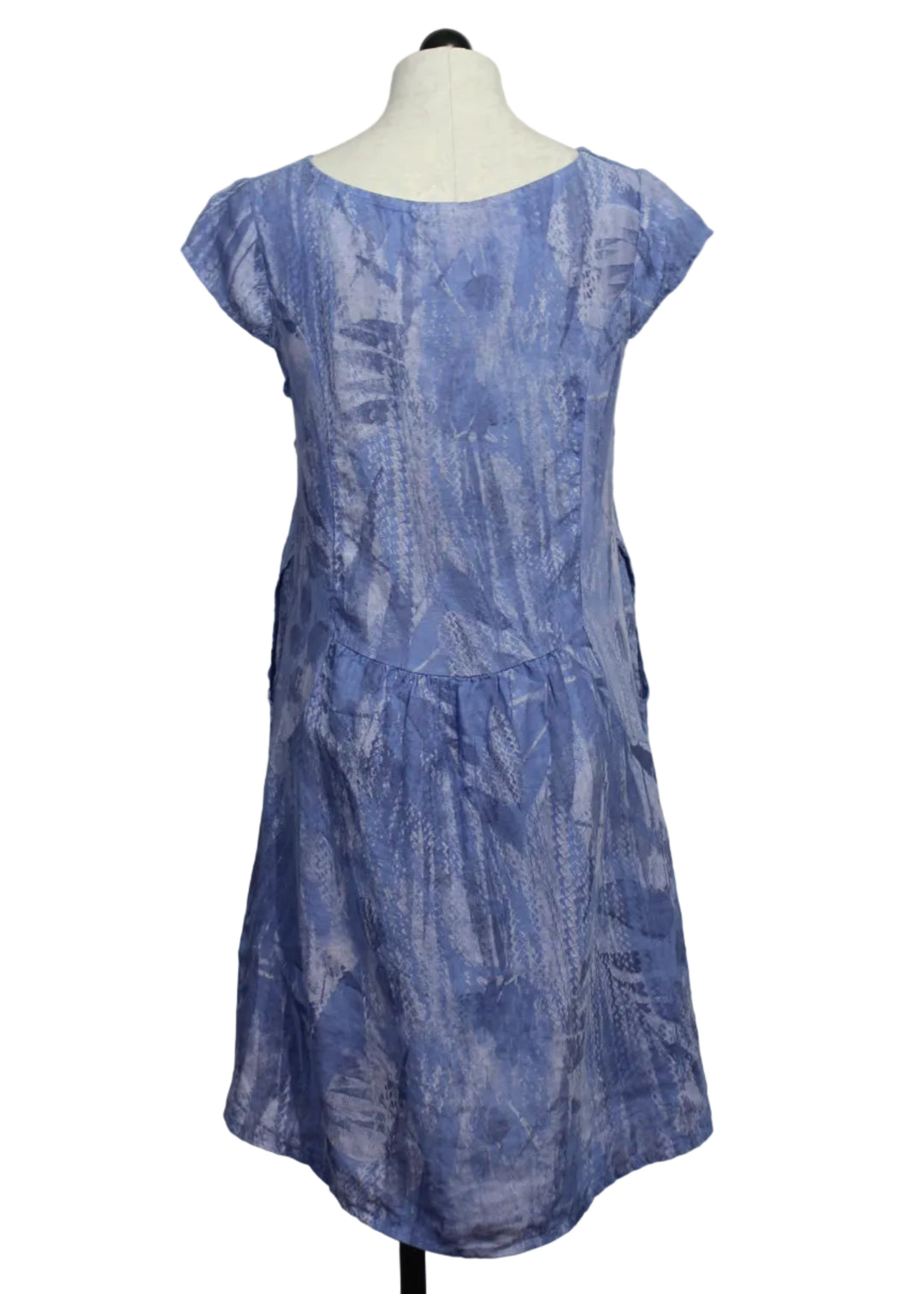 back view of Linen Leafy Print Cap Sleeve Dress with Ribbing and Pockets by Sorella