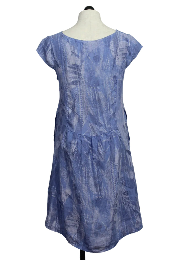 back view of Linen Leafy Print Cap Sleeve Dress with Ribbing and Pockets by Sorella
