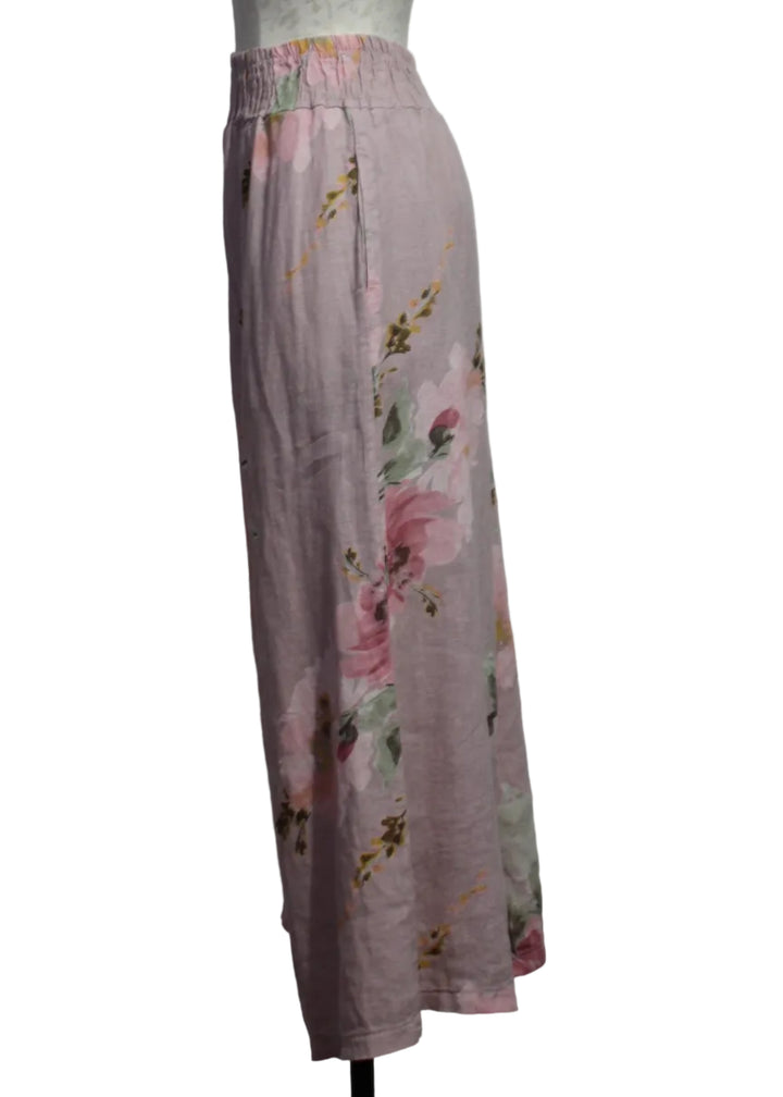 side view of Pink Linen Floral Wide Leg Pant by Sorella 