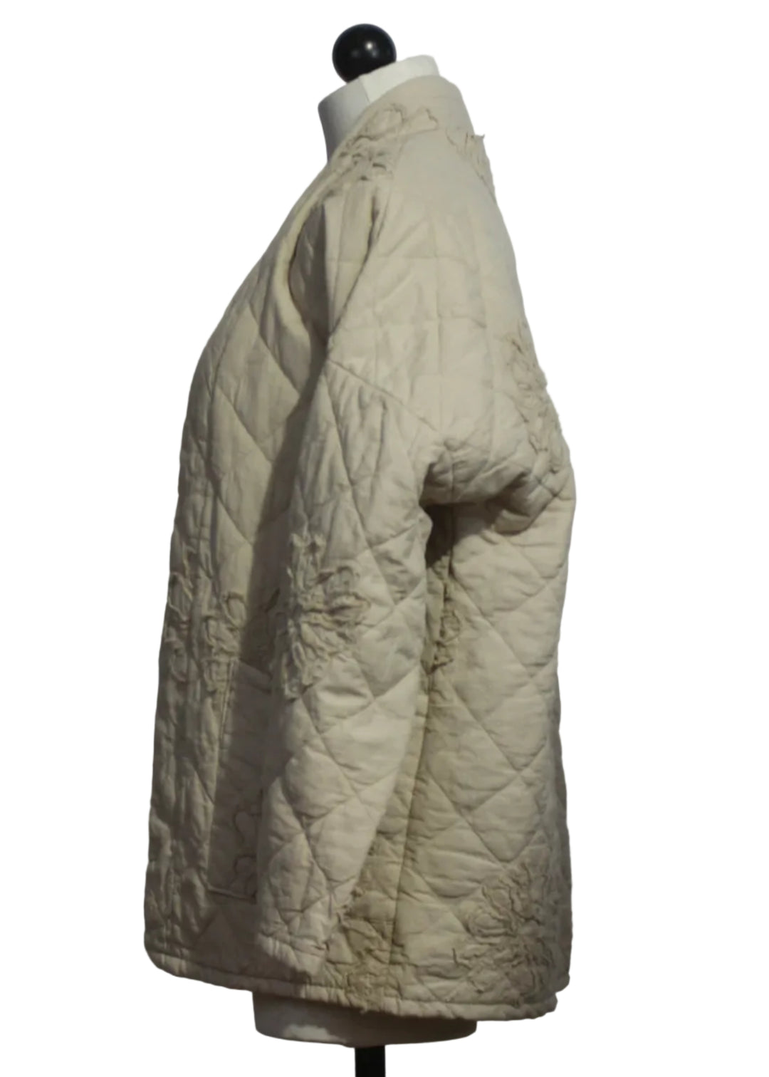 side view of Beige Open Front Quilted Cotton Jacket by Sorrella 
