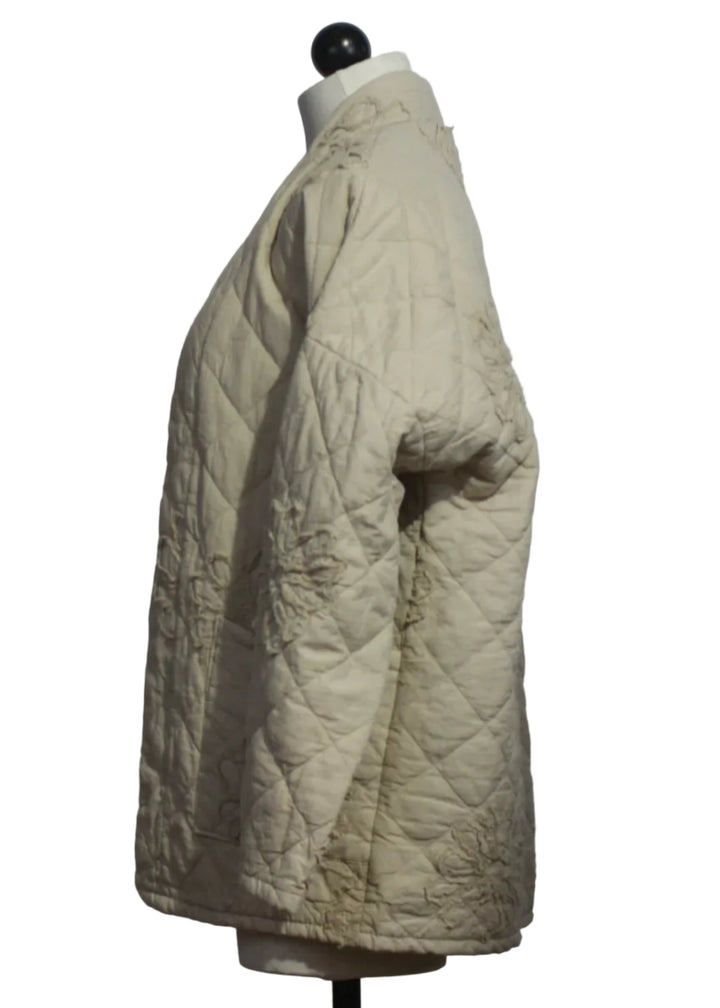 side view of Beige Open Front Quilted Cotton Jacket by Sorrella 
