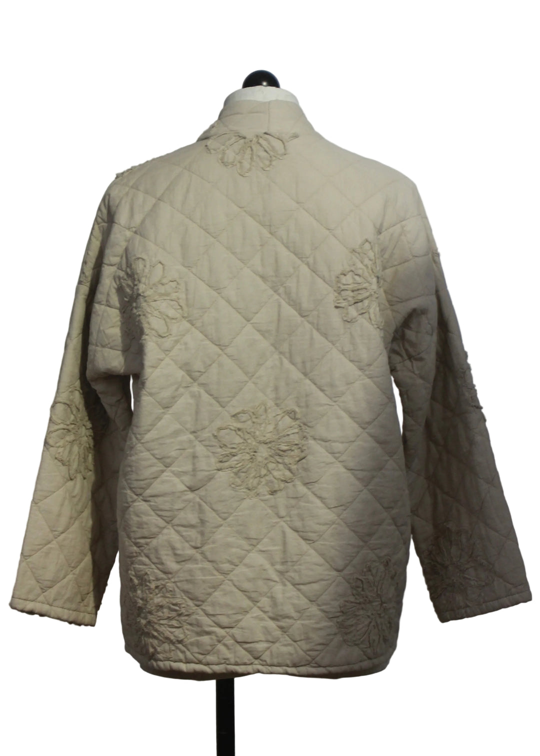 back view of Beige Open Front Quilted Cotton Jacket by Sorrella 