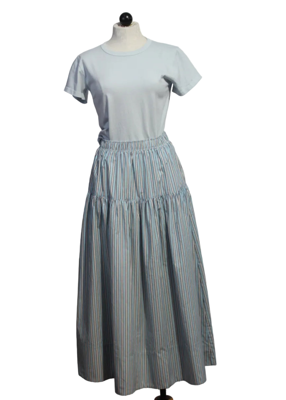 Striped Pull-On Jenny Skirt by Asher in Blue Haze paired with the Classic Short Sleeve Marielle Tee by Asher in Afterglow