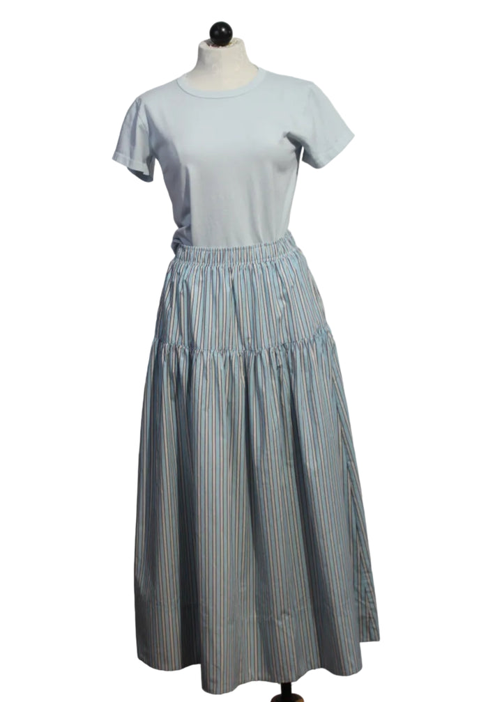 Striped Pull-On Jenny Skirt by Asher in Blue Haze paired with the Classic Short Sleeve Marielle Tee by Asher in Afterglow