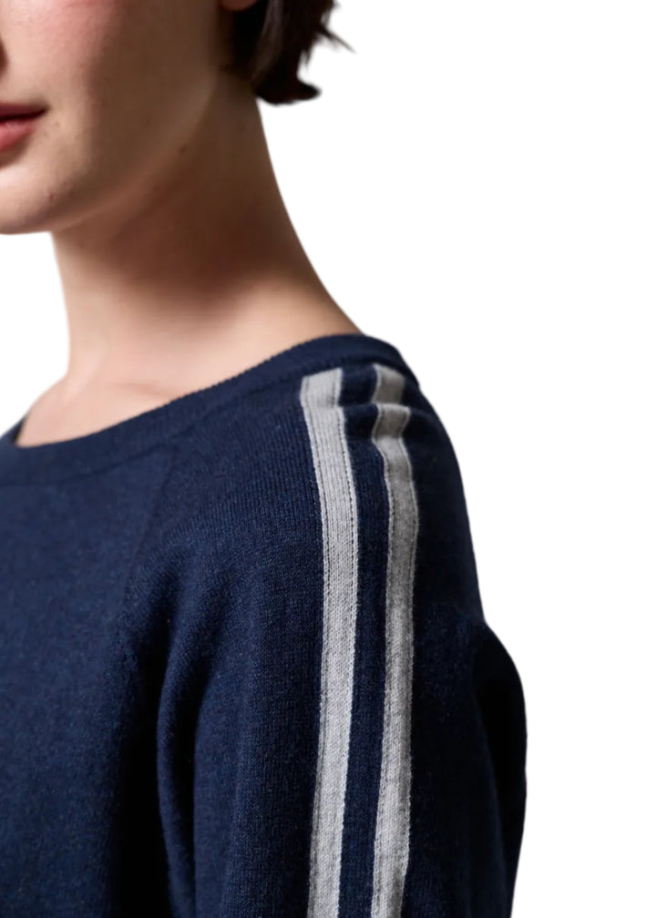 close up detail of Model wearing the Heather Cadet Livia Knitted Crew by Asher