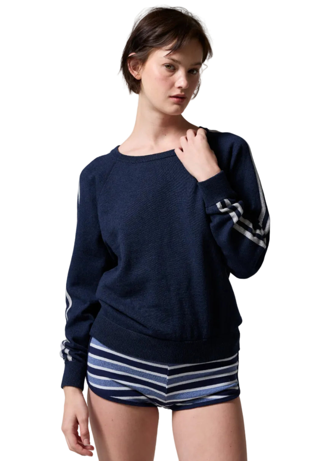 Model wearing the Heather Cadet Livia Knitted Crew by Asher