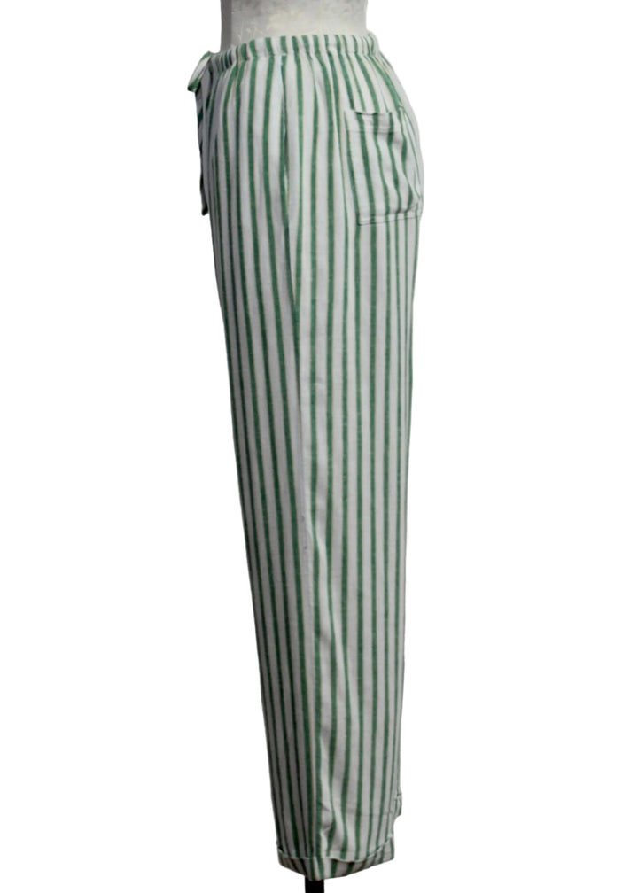 side view of The Striped Pierre Pant by Velvet Heart in the Green Foliage color