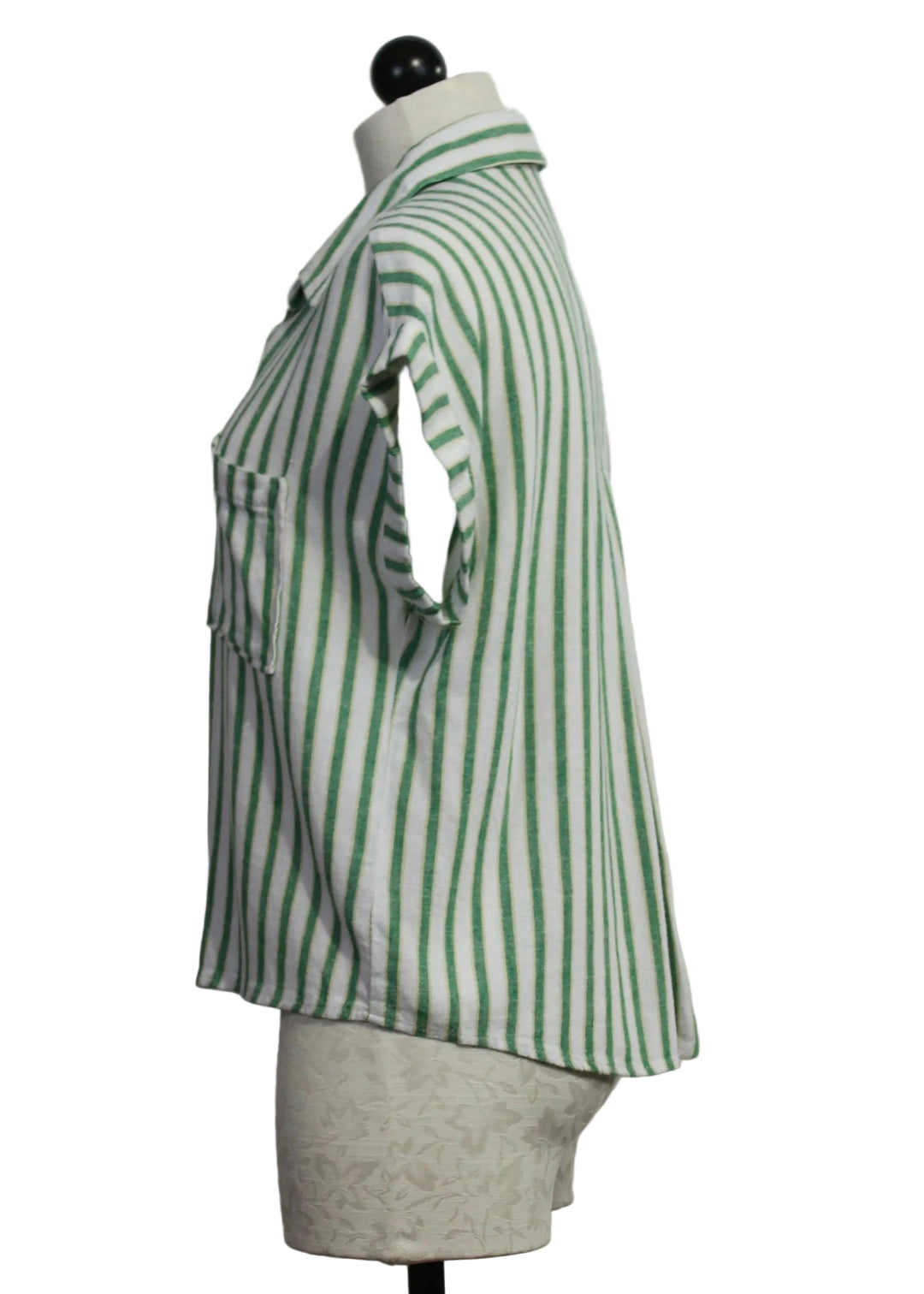 side view of The Short Sleeve Striped Kirsty Blouse by Velvet Heart in the Green Foliage color