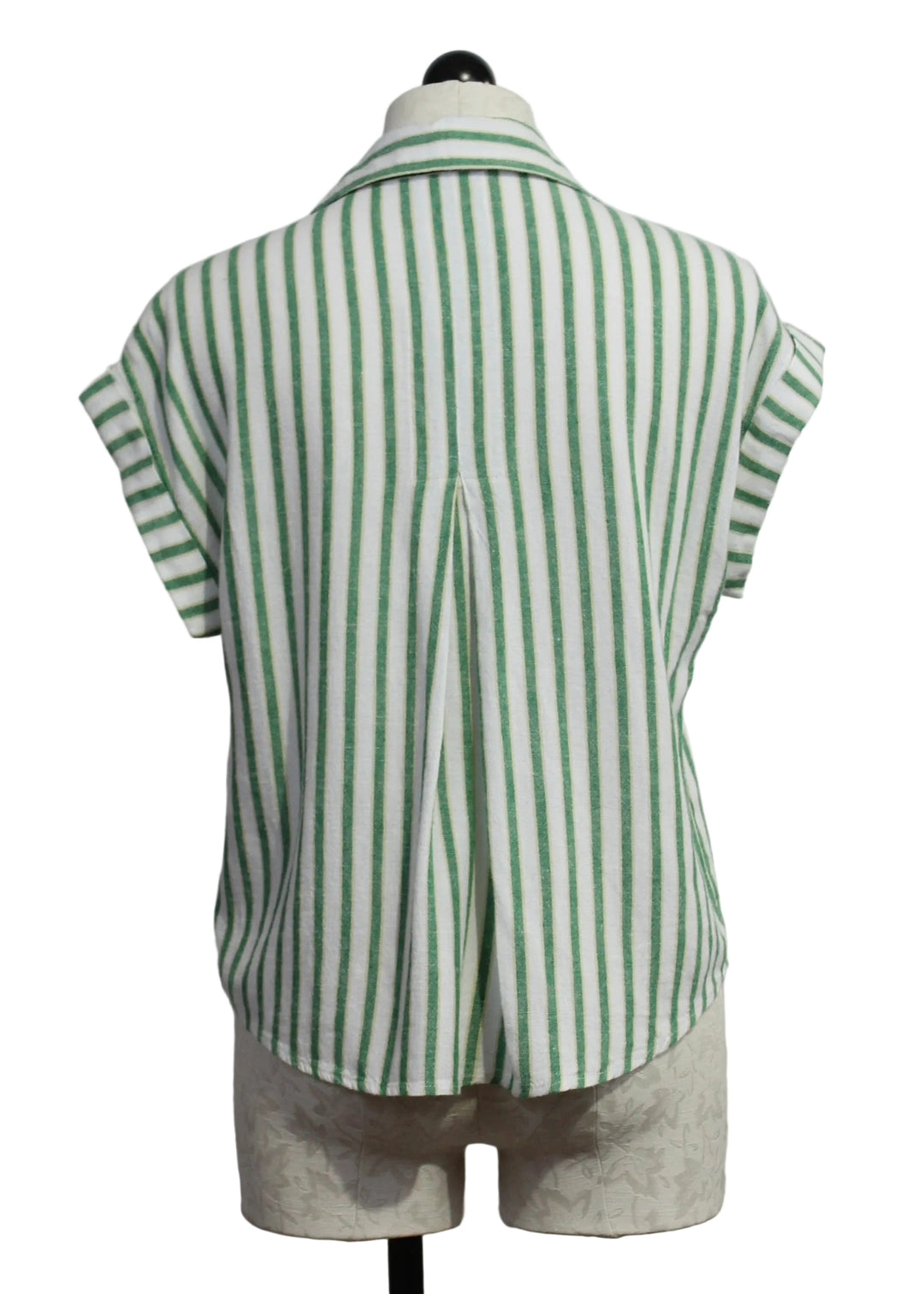 back view of The Short Sleeve Striped Kirsty Blouse by Velvet Heart in the Green Foliage color