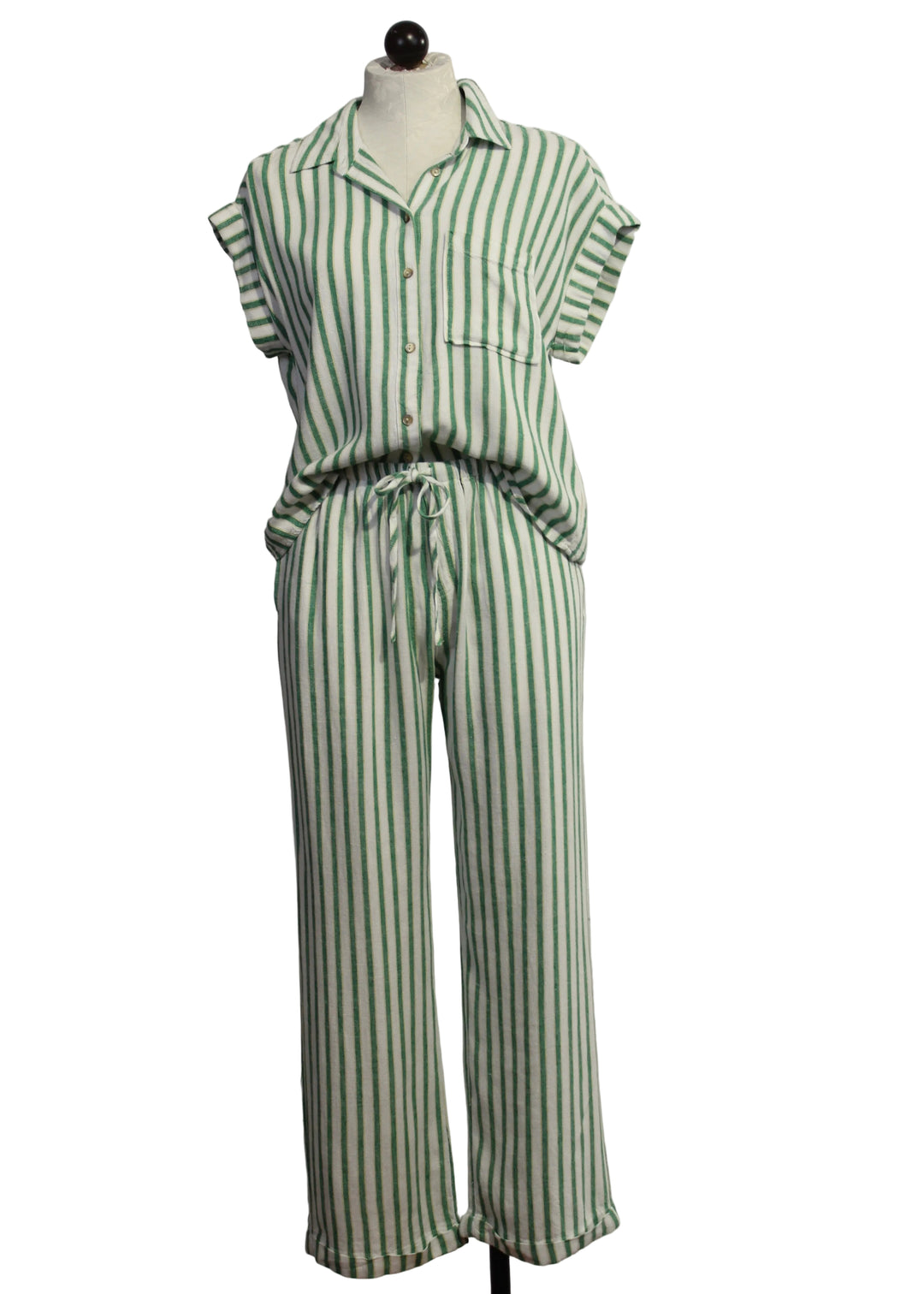 The Short Sleeve Striped Kirsty Blouse by Velvet Heart in the Green Foliage color paired with The Striped Pierre Pant by Velvet Heart in the Green Foliage color