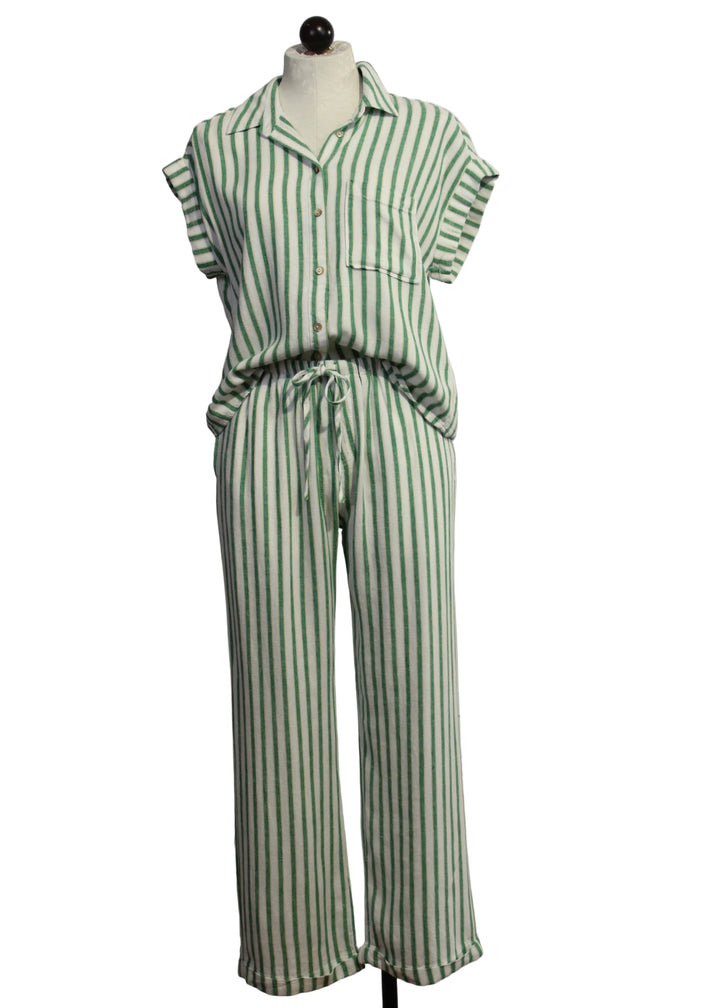 The Short Sleeve Striped Kirsty Blouse by Velvet Heart in the Green Foliage color paired with The Striped Pierre Pant by Velvet Heart in the Green Foliage color