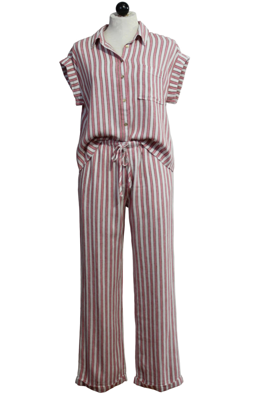 The Short Sleeve Striped Kirsty Blouse by Velvet Heart in the Pink Cacti Stripe color paired with The Striped Pierre Pant by Velvet Heart in the Pink Cacti Stripe color