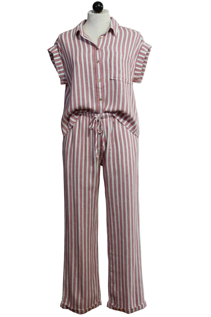 The Short Sleeve Striped Kirsty Blouse by Velvet Heart in the Pink Cacti Stripe color paired with The Striped Pierre Pant by Velvet Heart in the Pink Cacti Stripe color