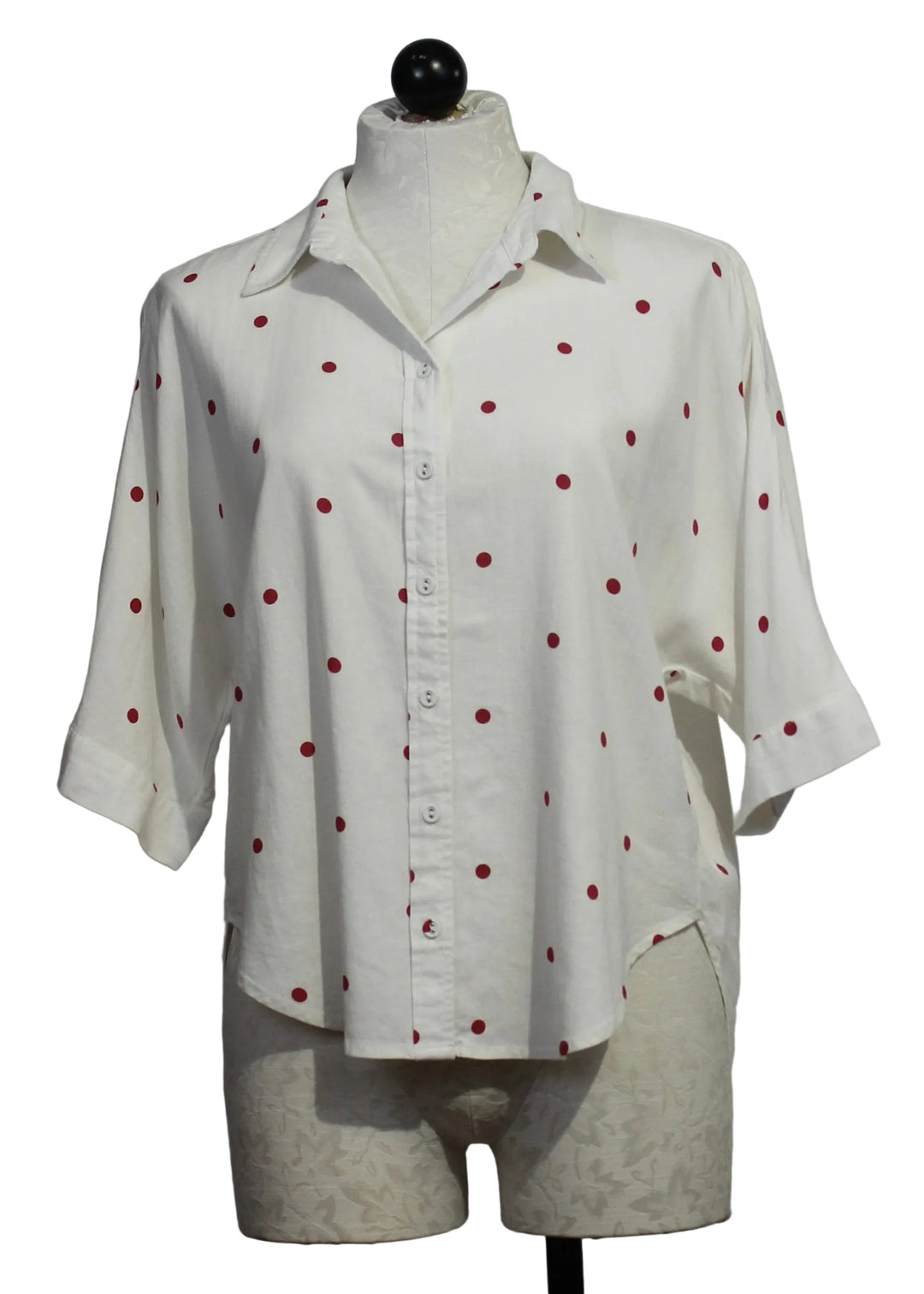 Optic White Merle Cardinal Red Polka Dot Shirt by Velvet Heart 