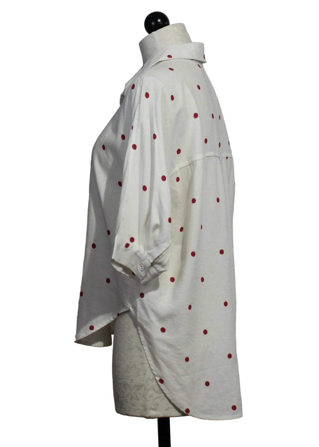 side view of Optic White Merle Cardinal Red Polka Dot Shirt by Velvet Heart 