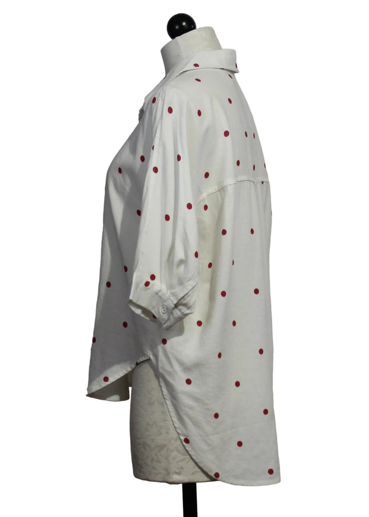 side view of Optic White Merle Cardinal Red Polka Dot Shirt by Velvet Heart 