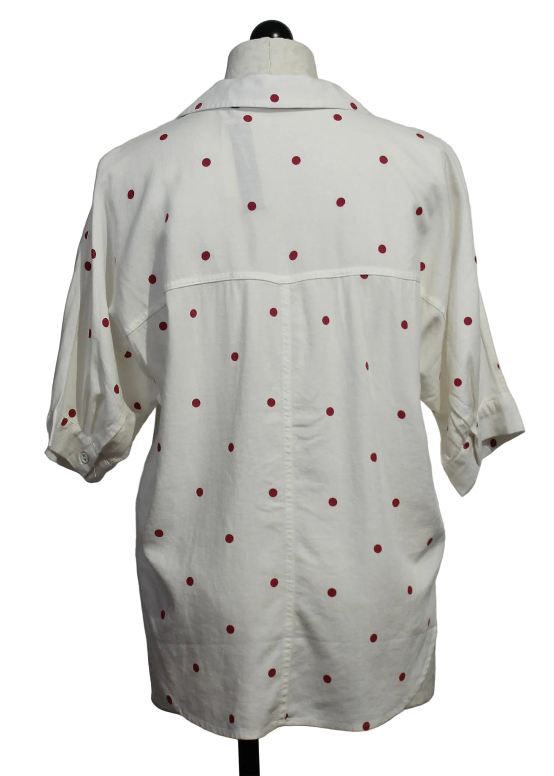 back view of Optic White Merle Cardinal Red Polka Dot Shirt by Velvet Heart 