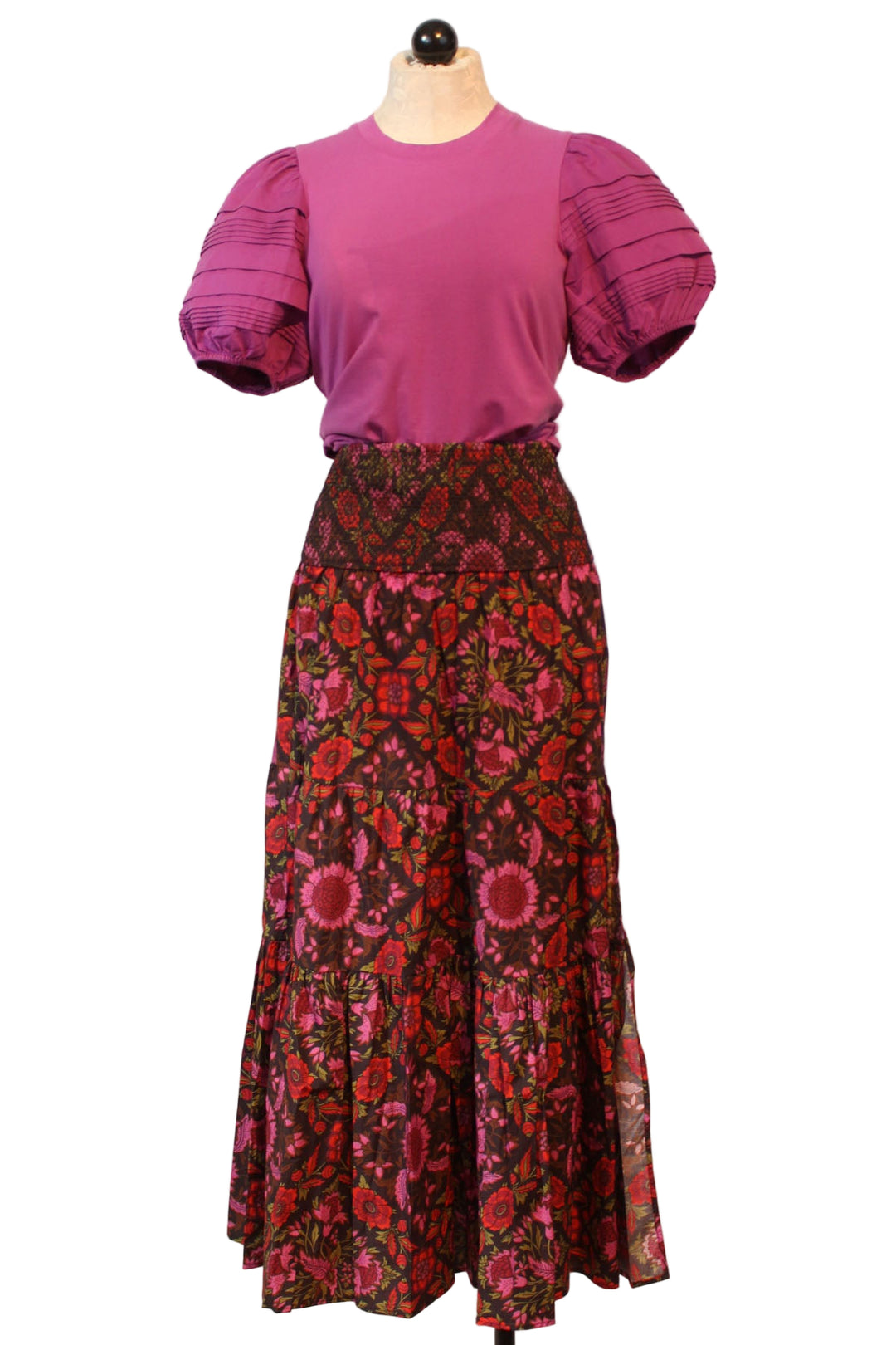 The Isabelle Skirt by Love The Label in the Tabitha Floral Print paired with the Dylan Puff Sleeve Tee by Love the Label