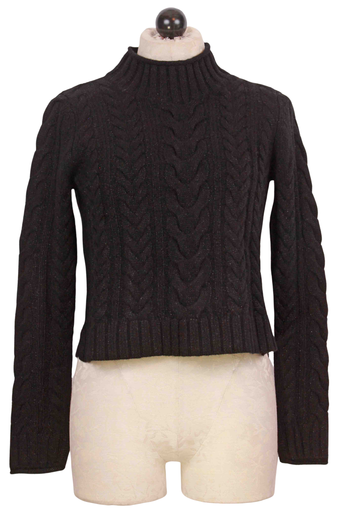 black Merino Lurex Crop Cable Turtleneck Sweater by Alashan Cashmere