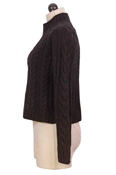 side view of black Merino Lurex Crop Cable Turtleneck Sweater by Alashan Cashmere