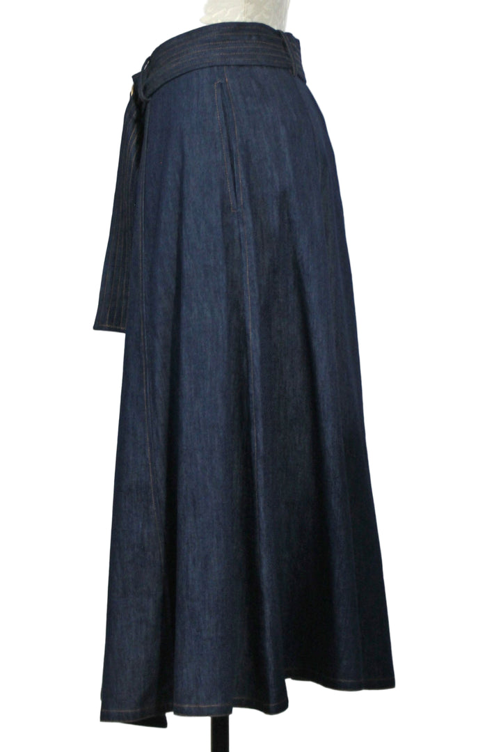 side view of Blue Denim Layla Belted Denim Skirt by Emily Lovelock