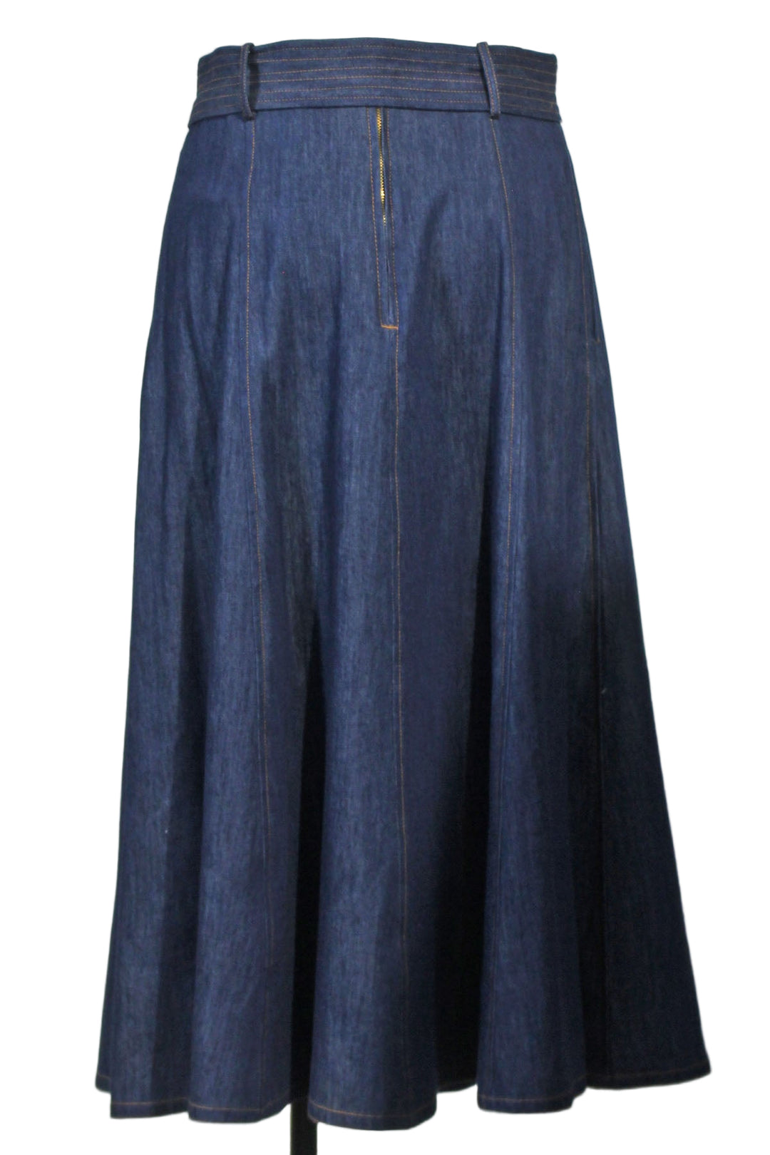back view of Blue Denim Layla Belted Denim Skirt by Emily Lovelock