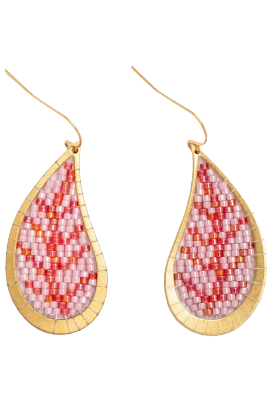 Pink Beaded Handwoven Brass Framed Leaf Earrings by Mayana Designs Co