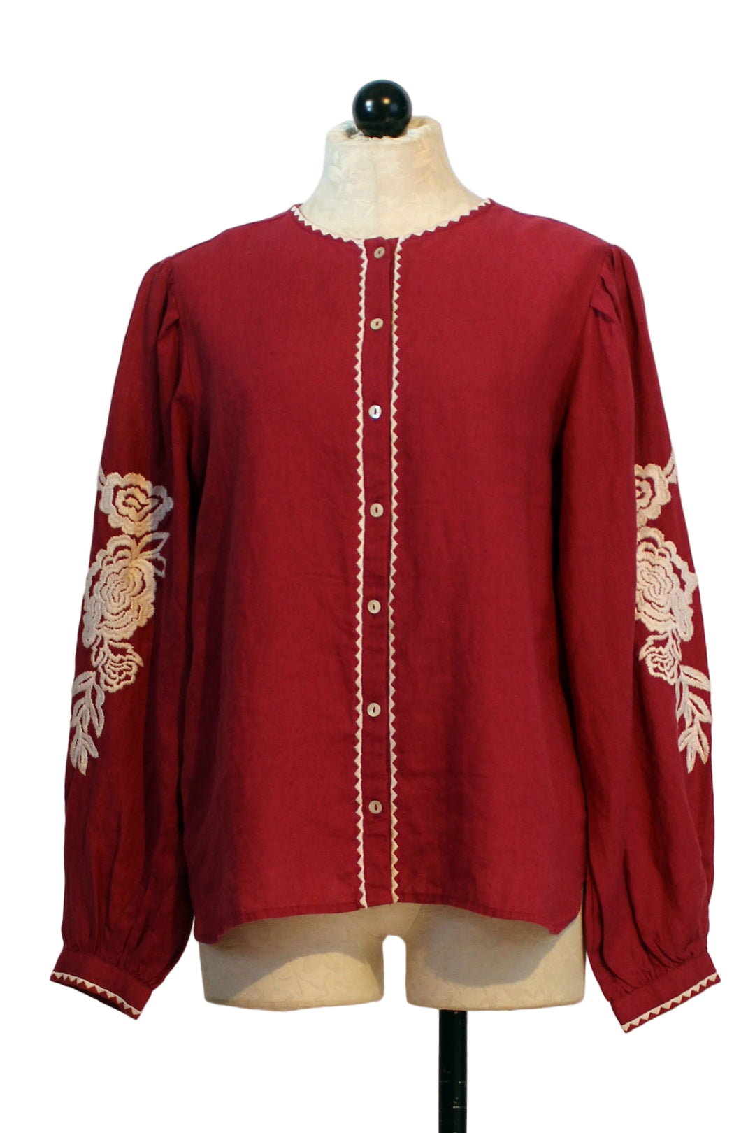 Cherry colored Embroidered sleeve Leonor Blouse by Sonmer