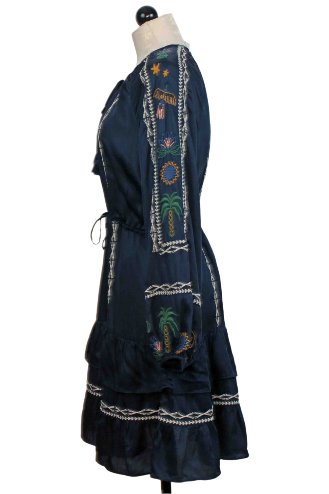 side view of Dress Blues Lexie Embroidered Tiered Mini Dress by Johnny Was