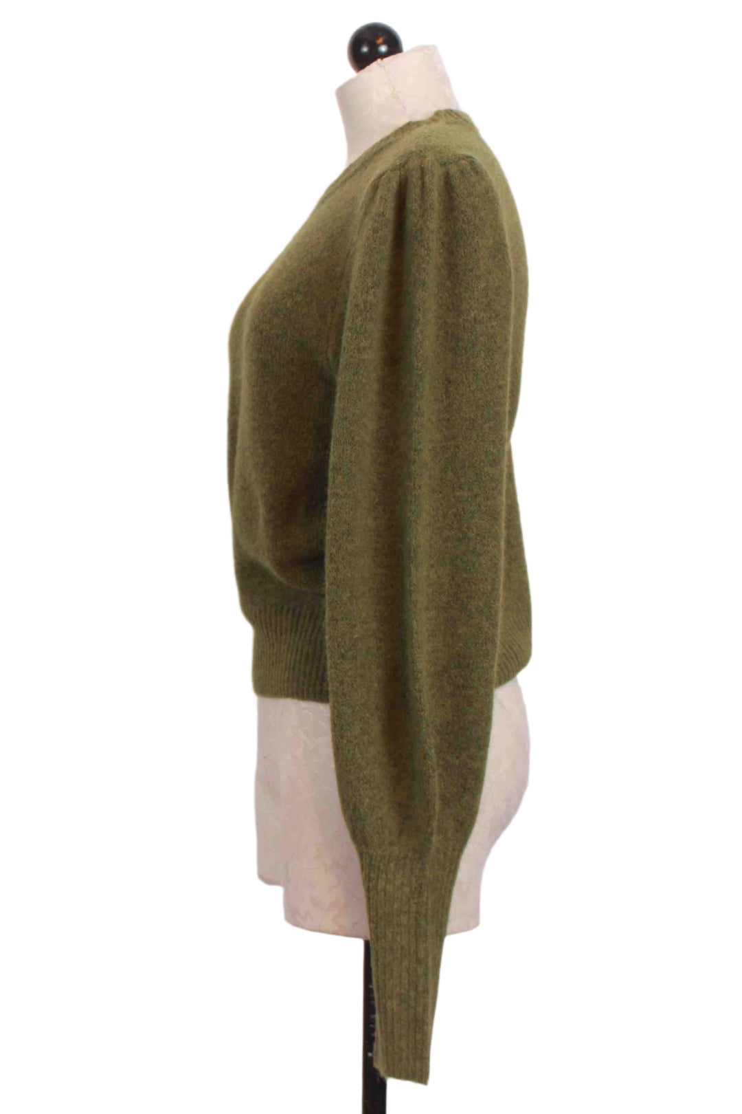 side view of Olive Oil colored Lia Shirred Sleeve Sweater by Fifteen Twenty