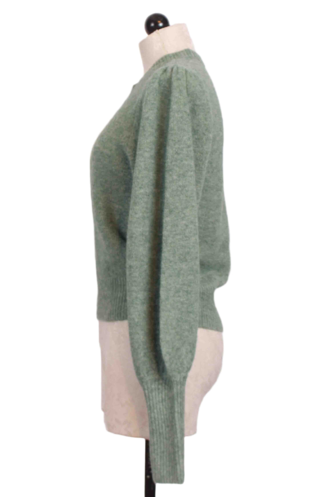 side view of Mist colored Lia Shirred Sleeve Sweater by Fifteen Twenty