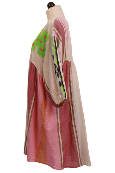 Side view of Pink/Green Lili Short V Neck Dress by Devotion Twins