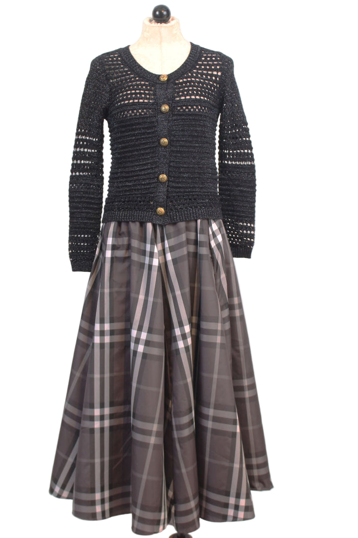Classic Grey Plaid Midi Skirt by Zero Degree Celsius paired with the Cropped Lurex Cardigan by Zero Degree Celsius