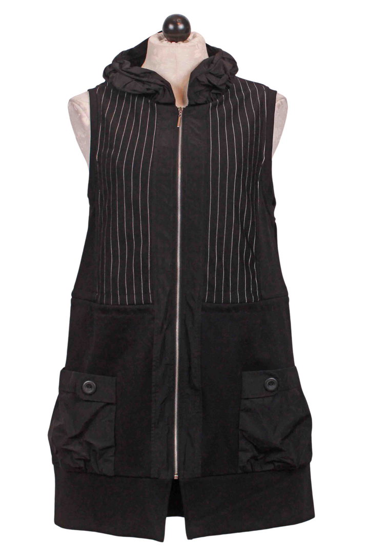 Black Pinstriped Sleeveless Zip Front Tunic by Reina Lee