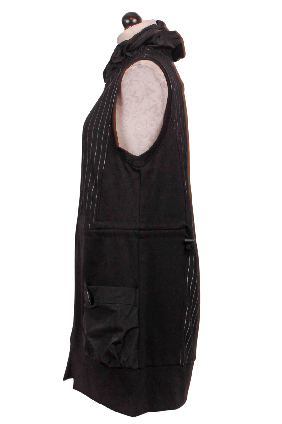 side view of Black Pinstriped Sleeveless Zip Front Tunic by Reina Lee