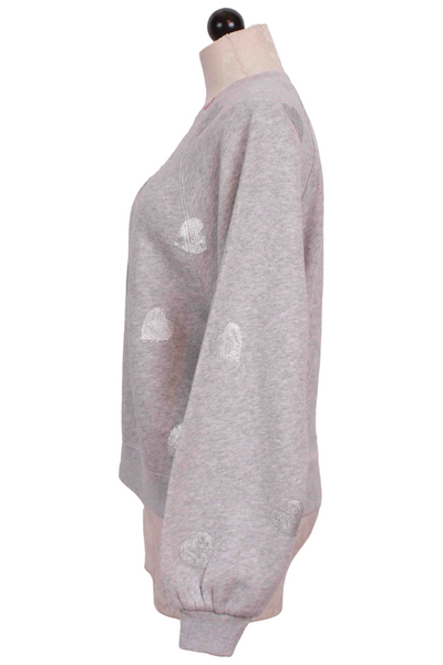 side view of Grey Valentine's Day Sweatshirt by Just Madison with Silver Metallic Hearts