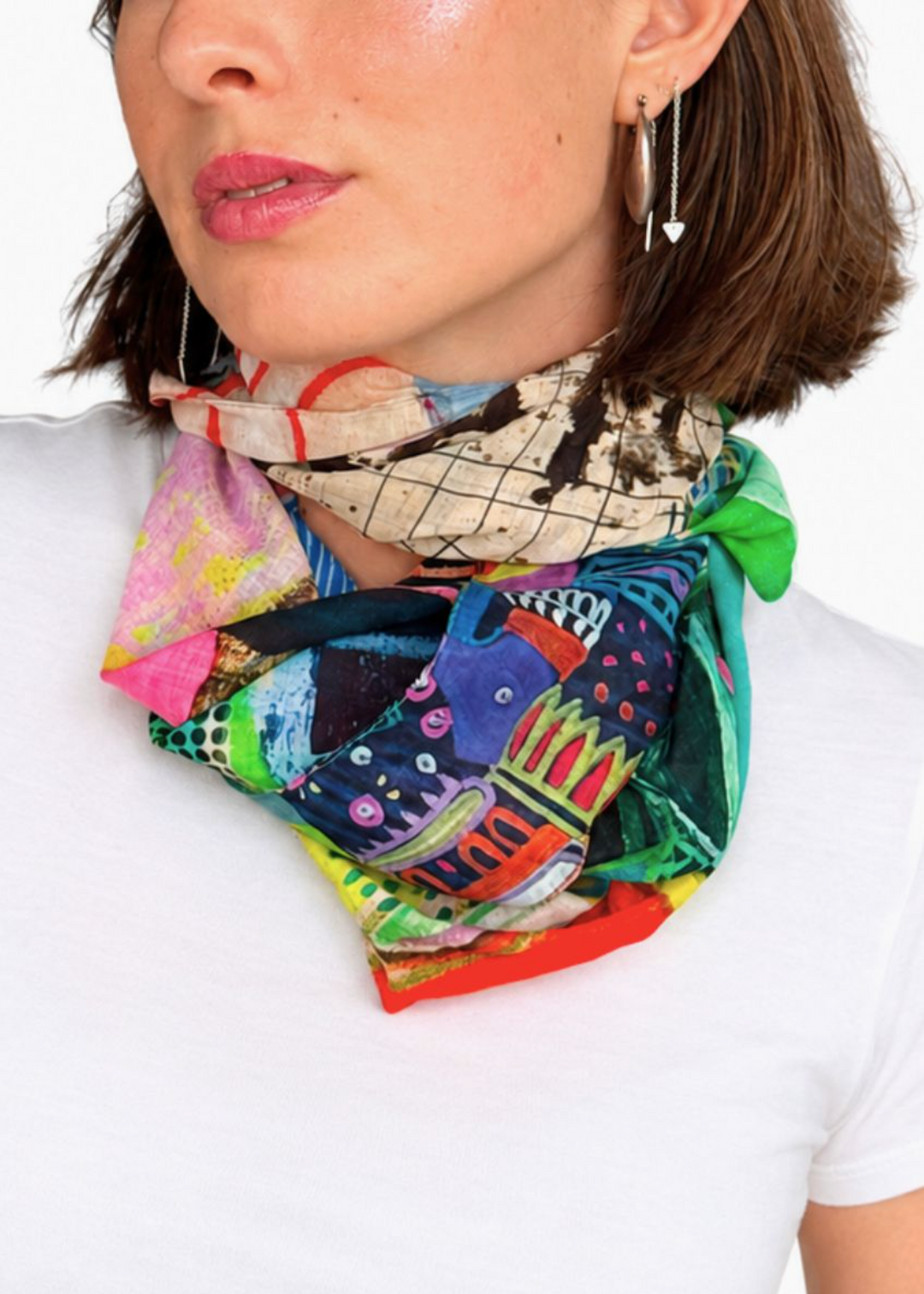 Model wearing the 37.5 x 37.5" Square Melody Cotton Scarf by Isabelle Gougenheim Designs