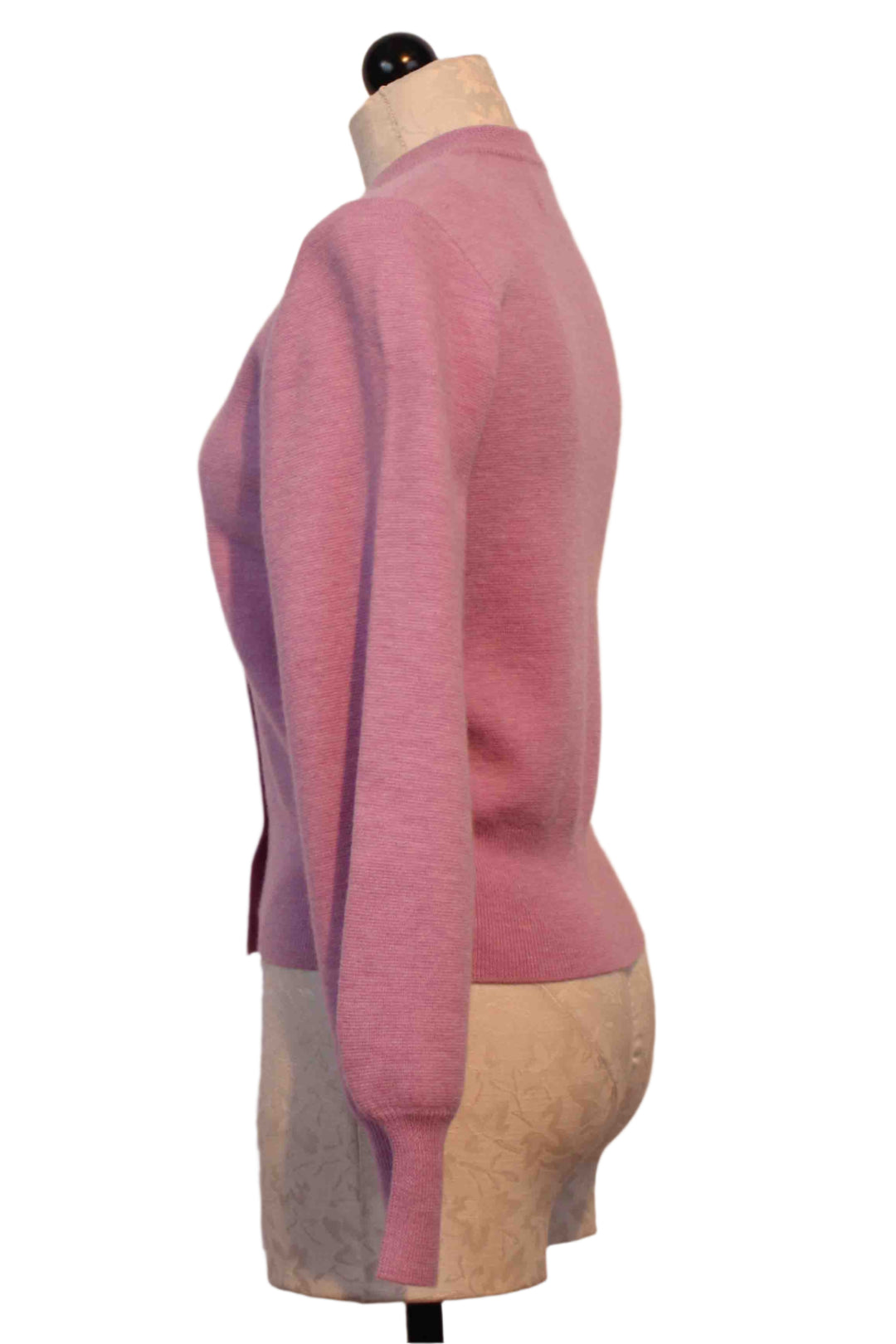 side view of Pink Sweet MGALIA Blouson Sleeve Cardigan by Berenice with silver snap buttons