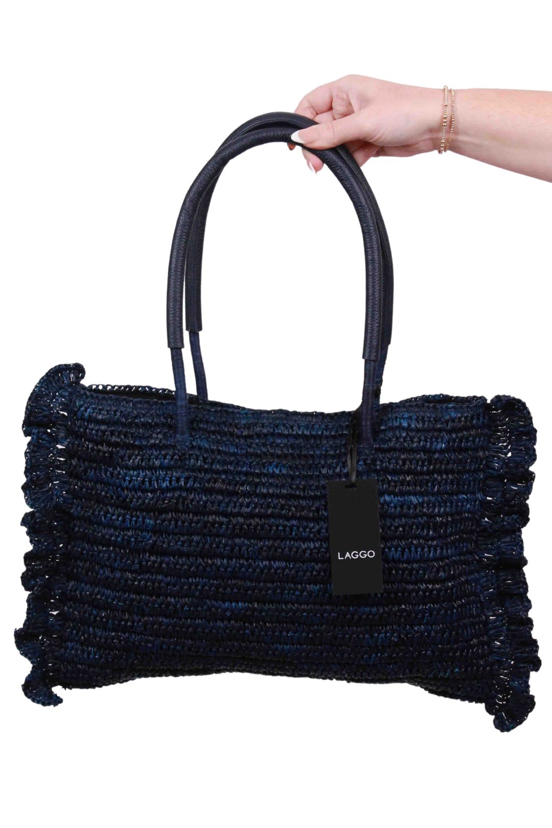 NAVY Mini Atena Raffia Tote by Laggo with Ruffles