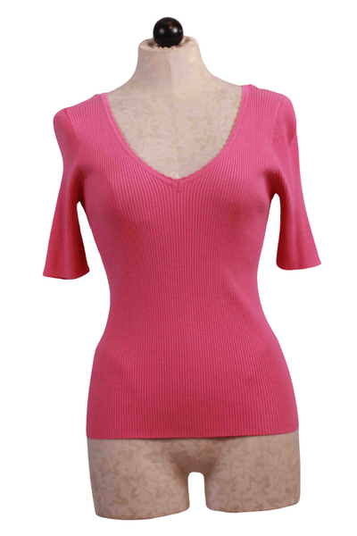 Rose V Neck Ribbed Madame Sweater by Grace and Mila with an Elbow Length Sleeve