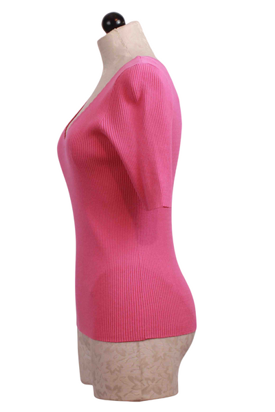 side view of Rose V Neck Ribbed Madame Sweater by Grace and Mila with an Elbow Length Sleev