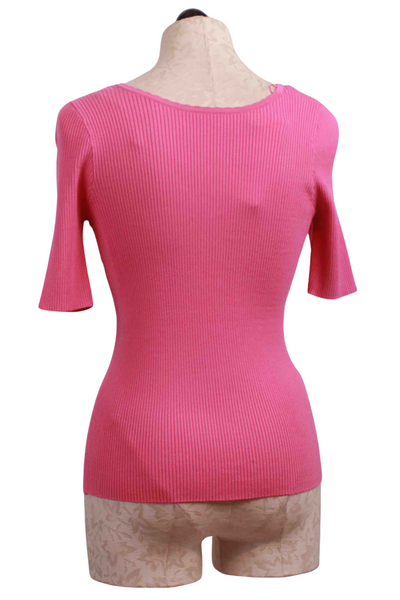 back view of Rose V Neck Ribbed Madame Sweater by Grace and Mila with an Elbow Length Sleev