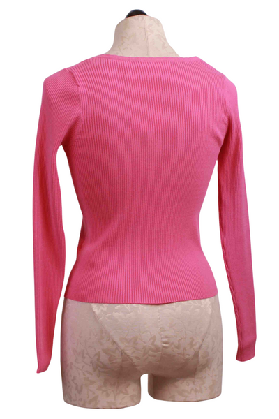 back view of Rose Ribbed V Neck Single Button Mademoiselle Cardigan by Grace and Mila