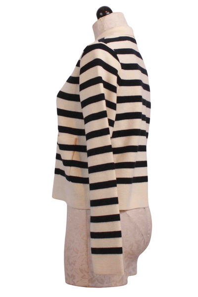 side view of Black and Cream Stripe Maelys Sweater Jacket by Grace and Mila