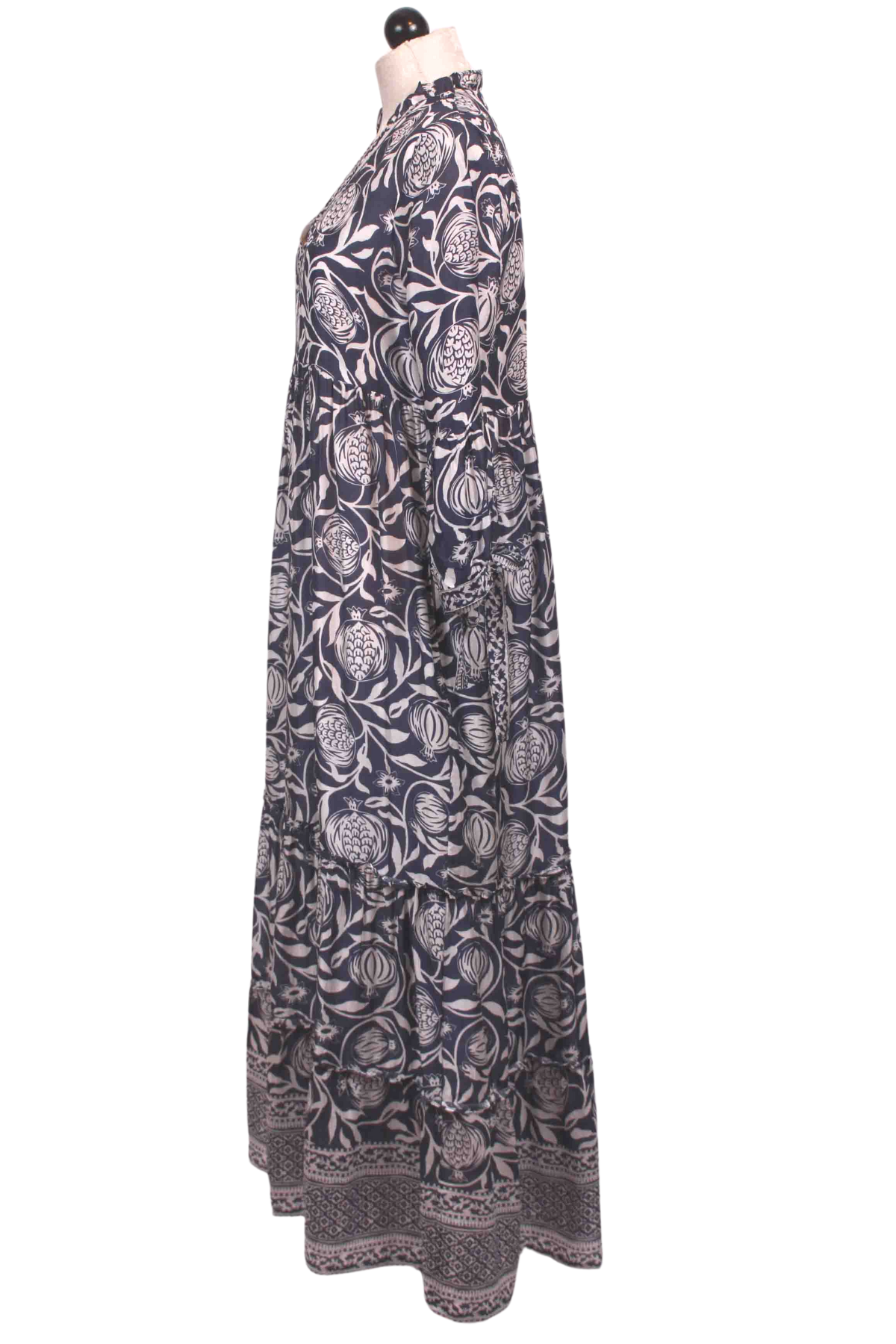 side view of  Navy and White Pomegranate Claythorne Maxi Dress by La Plage