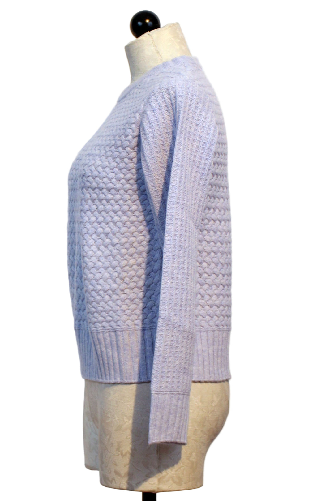 side view of Blue Mist Marlene Textured Crewneck Sweater by Alashan Cashmere