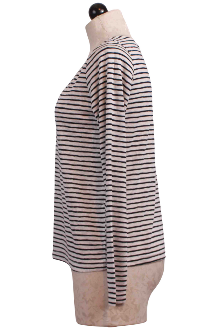 side view of Marine and White Striped V Neck Long Sleeve Tee by Grace and Mila