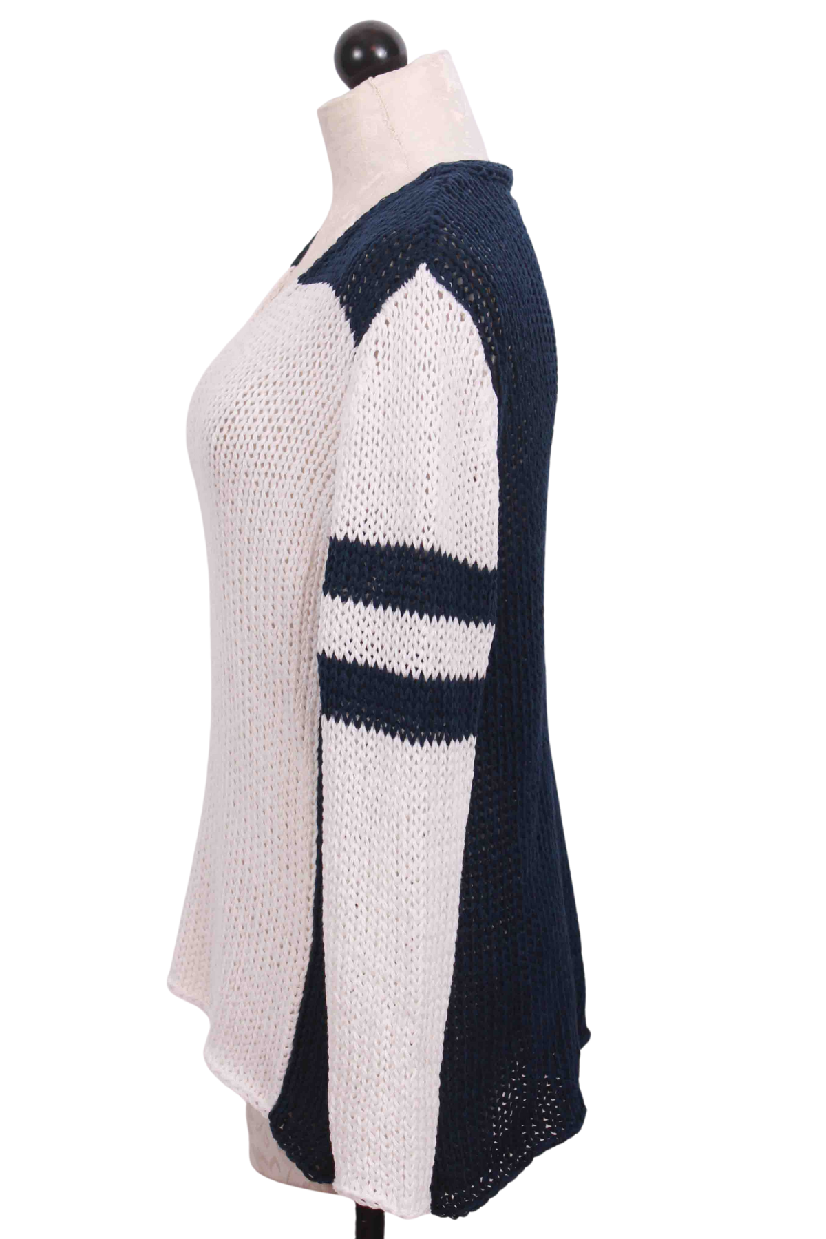 side view of Breaker White/Highline Blue Colorblock Maui V Sweater by Wooden Ships