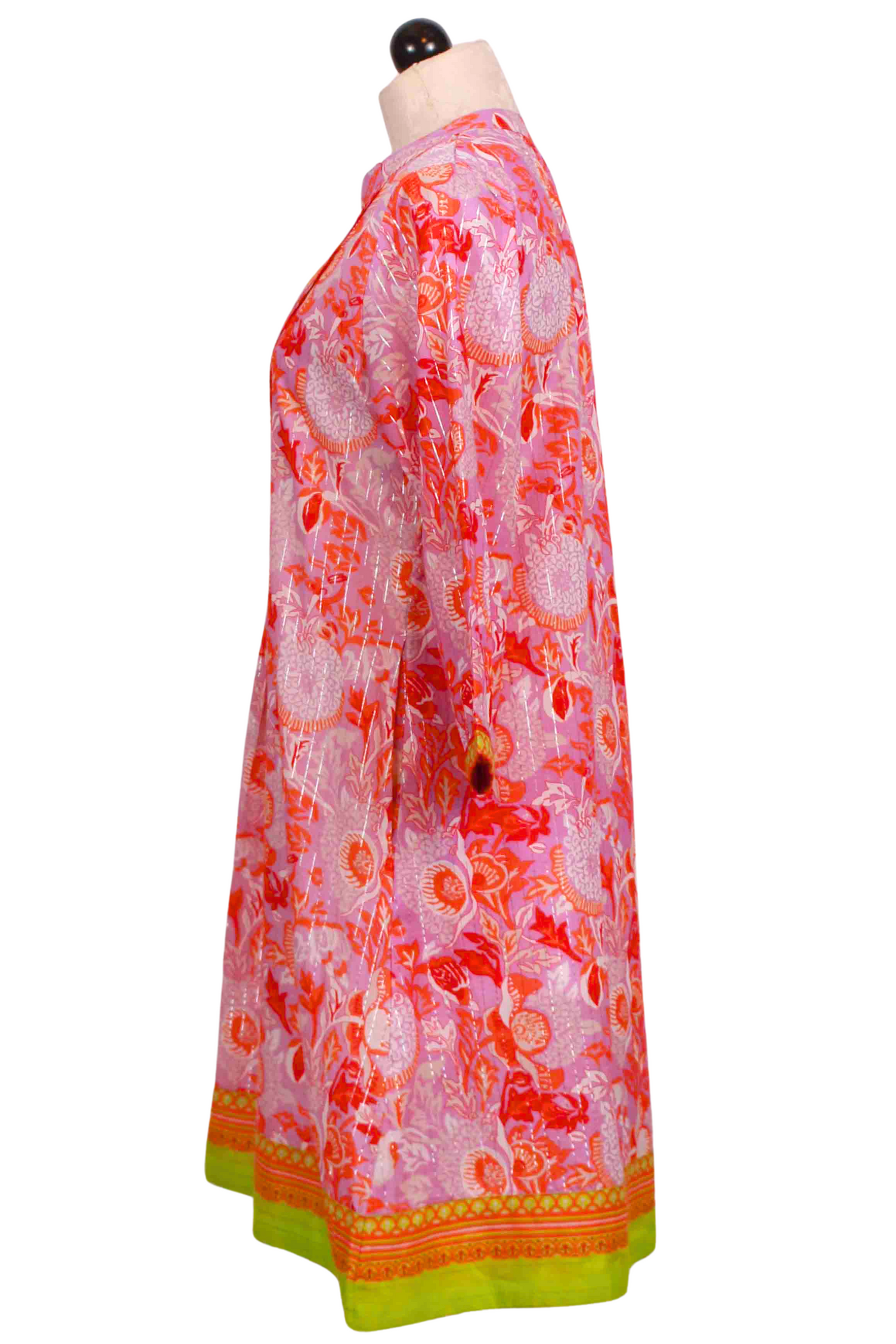 side view of Lilac, Orange and Kiwi 3/4 Sleeve Floral Block Maye Dress by La Plage